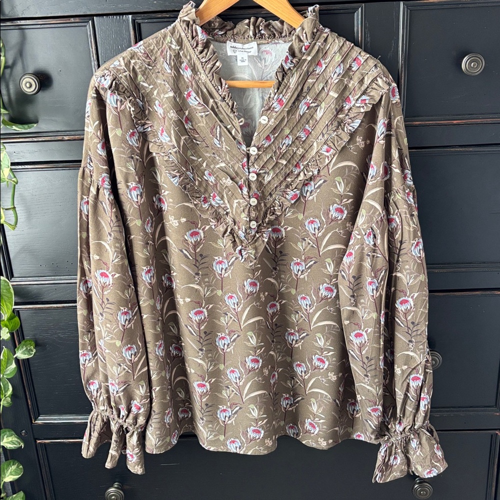 The Drop by Ashley Robertson size XL Olive Floral Ruffle Blouse | Cottagecore |